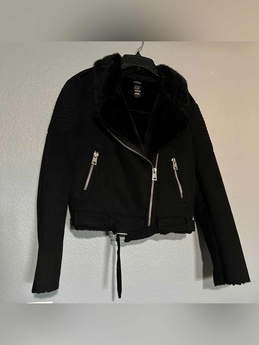 ZARA MOTORCYCLE STYLE JACKET FUR LINED BLACK SUEDE